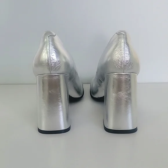 Silver womans high heel chunky heel square toe pumps party dress - Picture 6 of 8